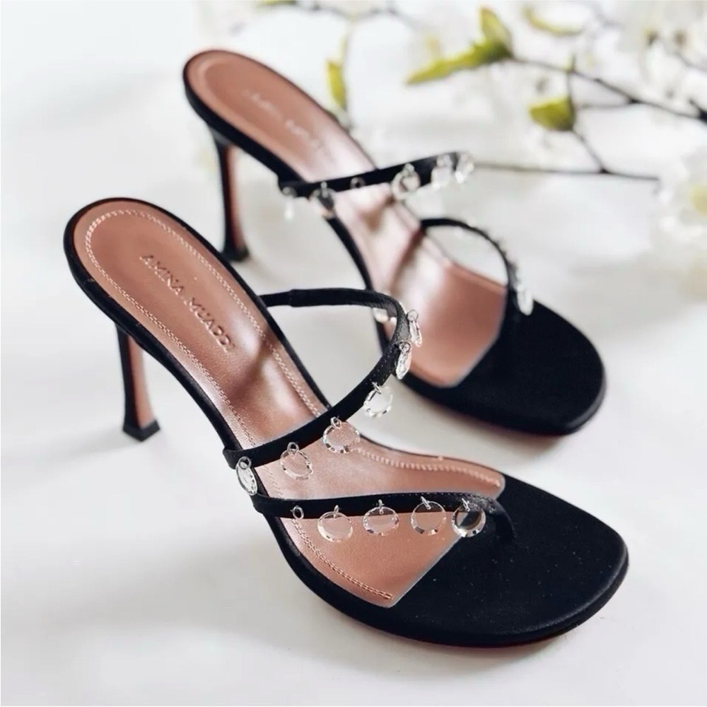 Amina Muaddi Tina Crystal Charm Sandal Satin Black Pendants Heels